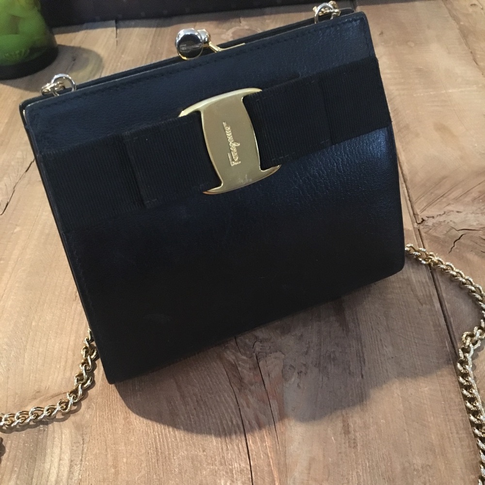 RARE vintage Ferragamo black purse with gold chain
